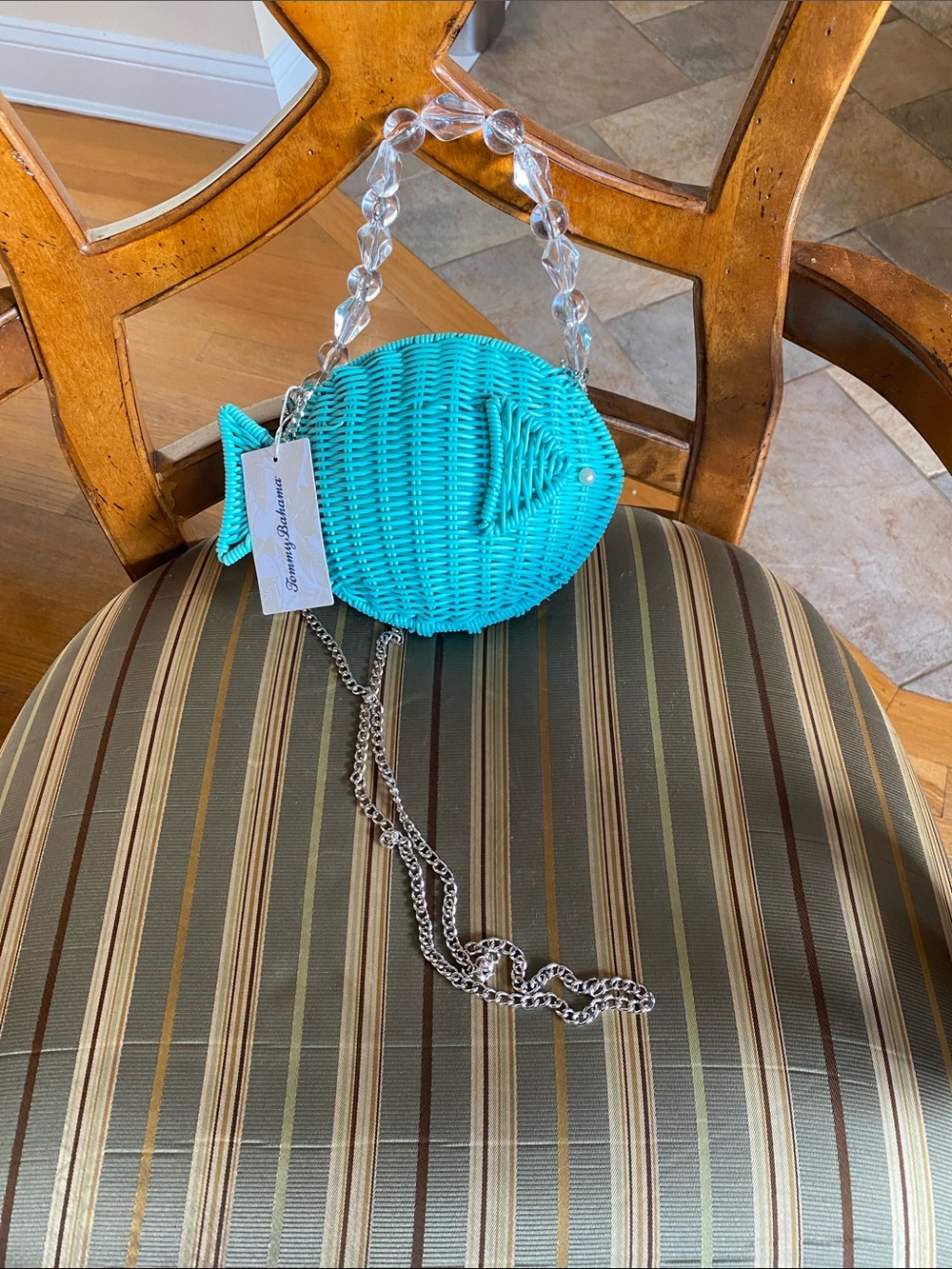 NWT Tommy Bahama Teal  Fish Wicker Crossbody Bag.